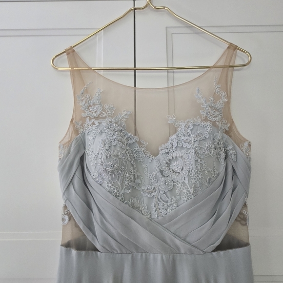 Marchesa Notte Silk Blue Embellished Embroidered Mesh Sheer Panel Detail Gown - Picture 3 of 15